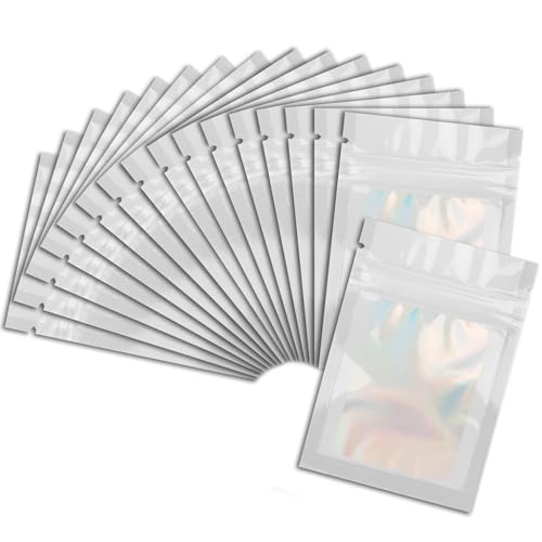 50 Pcs White Mylar Bags 2.7x3.9 Inch with Clear Window - Holographic Resealable Foil Pouch Packaging for Food Storage, Jewelry, Lip Gloss, and Small Business Use