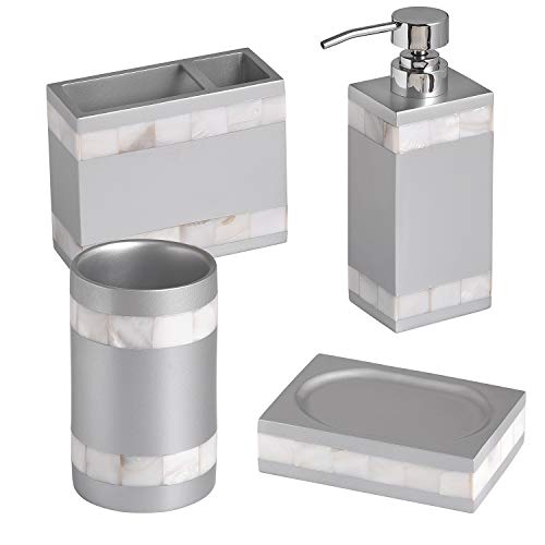 Shireen Home Aurora Silver Grey Bathroom Accessory Set Decorated with Mother of Pearl Capiz Shell. Lotion or Soap Dispenser, Tumbler, Toothbrush Holder, Soap Dish