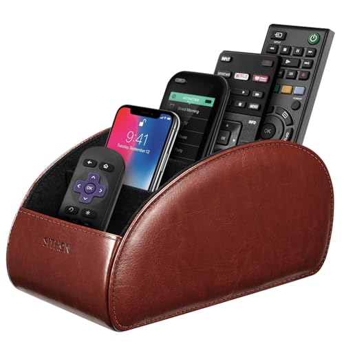 Image of SITHON Remote Control Holder with 5 Compartments - [Upgrade Version] PU Leather Remote Caddy Desktop Organizer Store TV, DVD, Blu-Ray, Media Player, Smart Phones, Heater Controllers (Brown)
