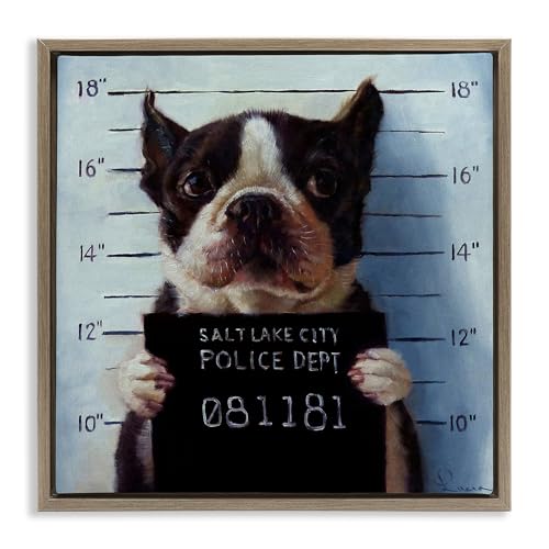 Image of Boston Terrier Mugshot Humor, 24 x 24 Inch Canvas in Floater Frame | Stupell Industries . By Lucia Heffernan . Ready to hang once unboxed . Great gift for dog lovers . Made in USA