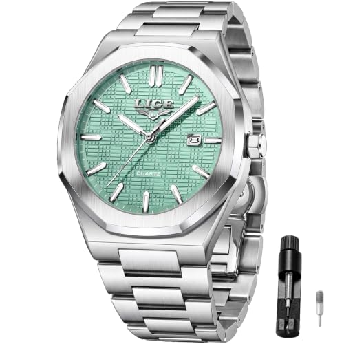 Image of LIGE Men's Quartz Watch - Octagonal Bezel Analogue Wristwatch, Waffle Dial