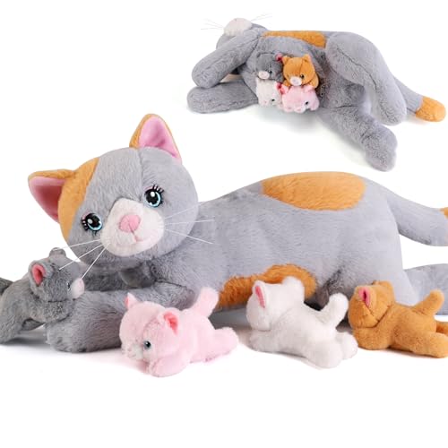 Image of 5 Pieces Cat Stuffed Animals with Babies Inside Belly - 1 Mommy Stuffed Cat with 4 Kittens - Stuffed Kitty Plush Toys for Kid Age 3-8, Gift Ideal for Christmas, Valentine's, Birthday (Grey)