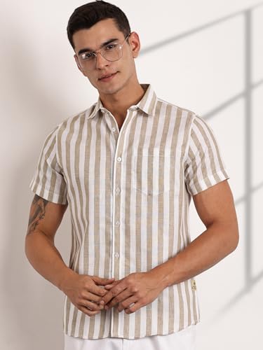 Image of Thomas Scott Men's | Stripes | Half Sleeve | Slim Fit | Linen Blend | Spread Collar | Casual Shirt