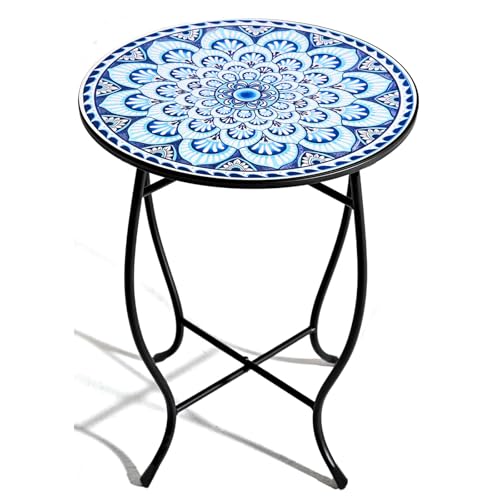 homelikesport Mosaiktisch Rund Kleiner Balkontisch Wetterfest Beistelltisch Outdoor für Garten Balkon & Wohnzimmer 35 5x35 5x52 cm (Blau)