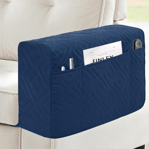 MEHIDFY Sofa Arm Cover, Waterproof Couch Armrest Protector, Anti-Slip Sofa Cover, Remote Holder for Armchair, Recliner Caddy with 3 Pockets for TV Remote, Phone, Pad, Pen, Book(Blue 2pcs)