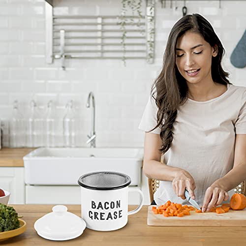 Hoomuu Bacon Grease Container With Fine Strainer - Farmhouse Style White Enamel Can For Kitchen Counter Storage Decor - Durable & Easy To Clean Cooking Oil Keeper 4 X 4 Inch #TOP6
