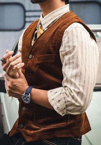 Mens Corduroy Vest 5 Button Slim Fit Business Formal Waistcoat with Pockets2