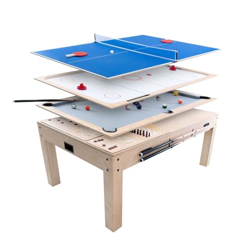 Table Multi Jeux 7 en 1 & Table à Manger Effet Bois Chêne Billard Anglais Ping Pong Air Hockey Échecs Backgammon Ensemble Multi Sports Soirée Intérieure...