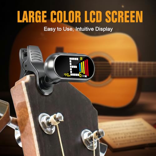 EX USB-C Rechargeable Guitar Tuner Clip On, Full Color LCD Display Chromatic Tuner for Acoustic/Electric Guitar, Bass, Ukulele & Violin, Professional Fast & Precise Pitch Detection