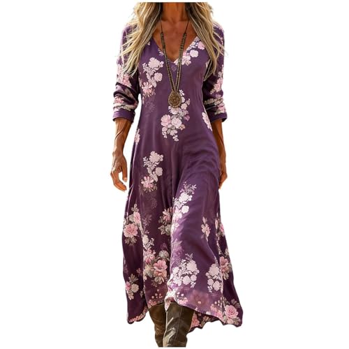 Vestido Lino Mujer Boho Chic Cuello en V Manga Larga Estampado Floral Bohemio Casual Elegante para Diario Playa Viajes Primavera Tallas Grandes Atuendo Versátil Suave Camisero Hawaiano Bolsillo