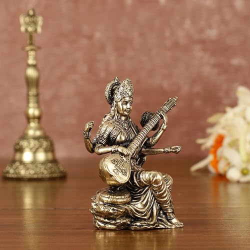 Image of Maa Saraswati Brass Idol Premium Brass Murti for Home Decor Temple Study Room Office Library Space Goddess of Wisdom Knowledge Learning Creativity Veena Swan Spiritual Gift