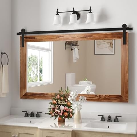 COGOOD Farmhouse Barn Door Mirror - 41" x 26" Rustic Wood Framed Wall Mirror for Bathroom, Living Room, Bedroom Wall Decor (Brown) Cover