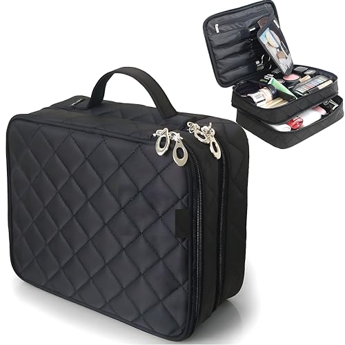Image of Polyester Cosmetic Bag Travel Professional Cosmetic Makeup Kit Storage Organizer Toiletry Vanity Bag with Adjustable Compartment (Black)