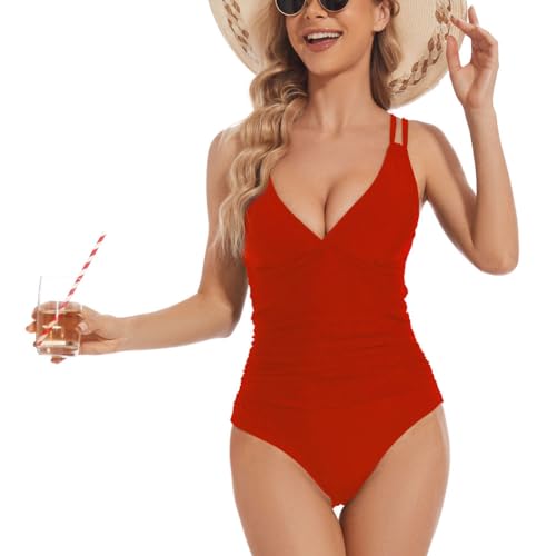 Women's One Piece Swimsuit Tummy Control V Neck Bathing Suits Ruched Swimwear2