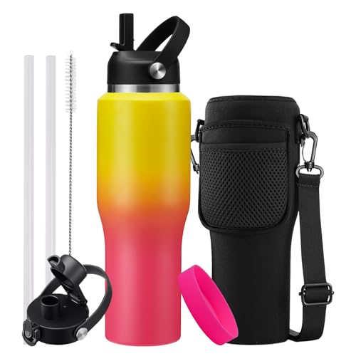 Image of 32oz Stainless Steel Water-Bottle with Straw -Keeps Cold 48h & Hot 24h, Insulated Water Bottles w /Strap Carrier Pouch & Boot, Travel Cup Fits in Car Cup Holder