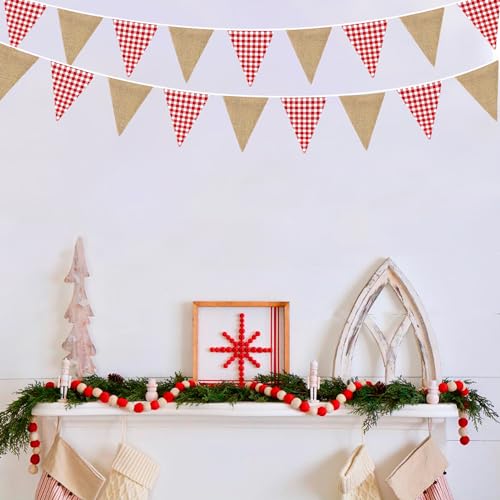 Image of 26Ft Red Plaid Burlap Banner Red Checkered Burlap Pennant Triangle Flag Garland Streamers Vintage Fireplace Wall Hanging for Rustic Birthday Wedding Baby Shower Engagement Boho Picnic Camping Decor