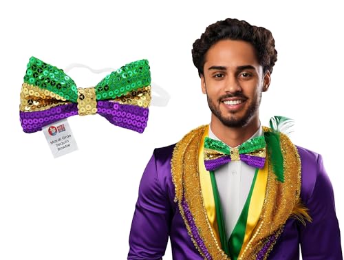 Nicky Bigs Novelties Mardi Gras Bowtie - Purple Green Gold Sequin Jazz Bow Ties Parade Dancer Costume Accessory