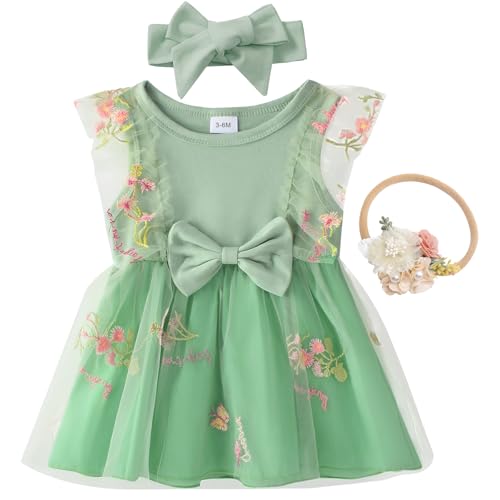 Baby Girl Birthday Flower Dress Lace Tulle Dress with 2 Hair Bows Party Clothes Photo Shoot for 0-18 Months
