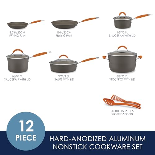 Image of Rachael Ray Cucina Dishwasher-Safe Hard-Anodized Pots and Pans Set Non Stick Cookware, 12 Piece, Gray with Orange Handles