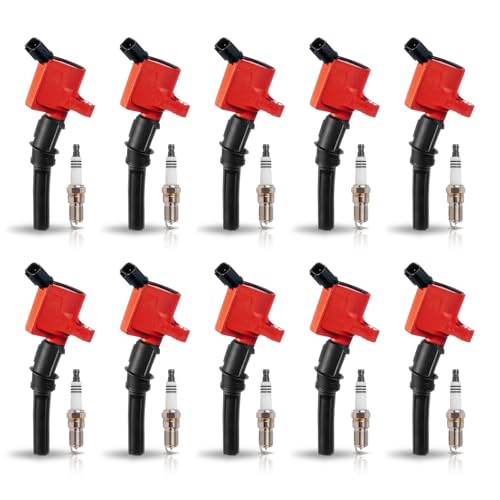 ENA Set of 10 Red Ignition Coil Pack and Iridium Spark Plug Compatible with Ford Lincoln Mercury Crown Victoria E150 E250 Expedition Explorer F150 Mountaineer 4.6L Replacement for FD503 SP493