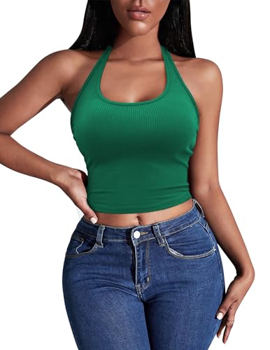 Image of Ekouaer Women Halter Top Backless Scroop Neck Slim Stretchy Ribbed Knit Camisole Crop Tops S-XXL