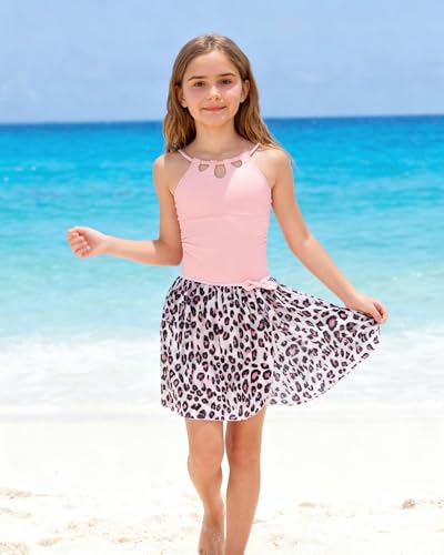Image of Redair Girls Swimsuit One Piece Swimwear with Tropical Printed Cover Up Skirt Girls Bathing Suits Set 7-16 Years