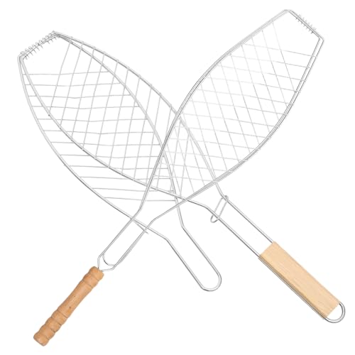 SUPVOX 2Pcs Fish Grill Basket with Wooden Handle Durable Barbecue Tool for Outdoor Grilling Wire Frame Net Clips for Fish Thick Foods Easy to Clean and Use present for Bbq