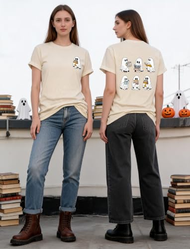 Halloween Shirts for Women Teacher Reading Books T-Shirt Funny Fall Party Tee Beige - image 4