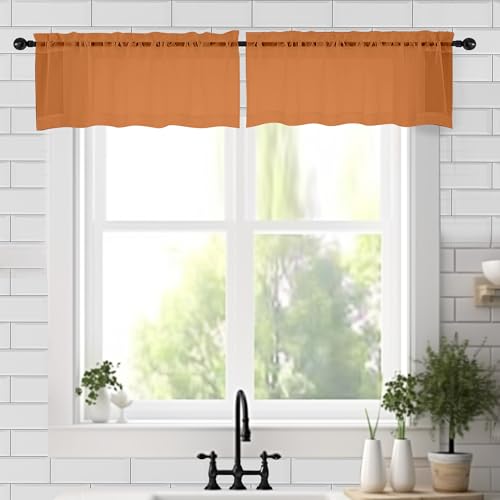 Image of Chyhomenyc Sheer Valances for Windows 2 Pack, Small Window Curtains for Living Room Bathroom Cafe Laundry Basement, Modern Top Dual Rod Pocket Voile Curtain, 42W x 18L inches, Orange