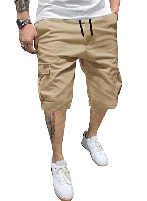 Image of JMIERR Mens Casual Cotton Twill Cargo Shorts Drawstring Classic Chino Stretch Short with 6 Pockets