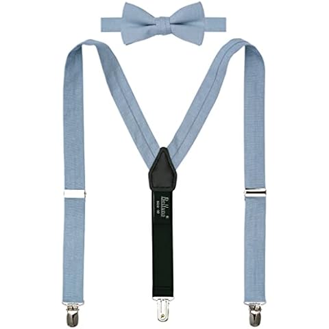 BELLUNO Dusty Blue Pre-tied Bow Tie and Suspenders Set, Cotton and Linen, Kids and Schoolers Cover