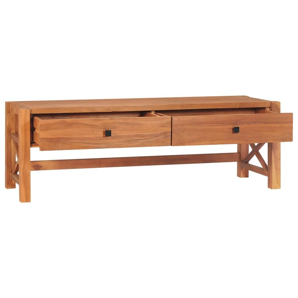 Szafka pod telewizor z naturalnego drewna tekowego, 140 x 40 x 45 cm, z 2 szufladami, rustykalny mebel do salonu, stojak na sprzęt AGD i przedmioty dekoracyjne, konstrukcja X