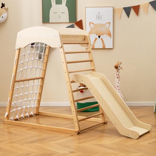 RELAX4LIFE Juego de Escalada Niños Multifunción, Parque Infantil de Madera Maciza con Rampa Deslizante, Centro de Actividades Interior y Exterior para Niños 1-5 Años (67 x 105 x 113 cm, Natural)