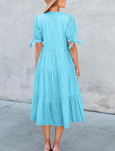 Image of Theenkoln Womens Casual Midi Dress: Short Sleeve V-Neck Empire Waist Gingham Spring Fashion Long Trendy Tiered Formal Dresses