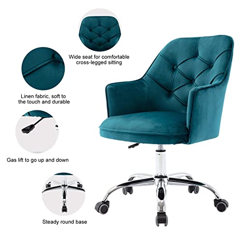 Homefun Velvet Desk, Chair Cute Vanity Chair Upholstered Swivel Rolling Task Chair Girls Home Office Chair Height Adjustable For Bedroom Living Room, Teal #TOP4