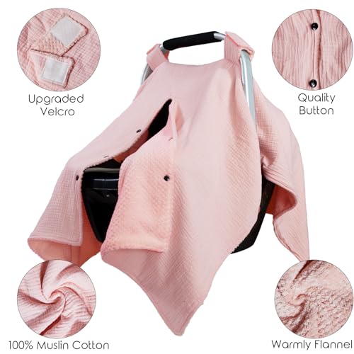 Image of Muslin Cotton Baby car seat Canopy Cover with Flannel for Winter,Multi-Use Mom Nursing Breastfeeding Cover,Flannel Blanket for Infant,Pink.