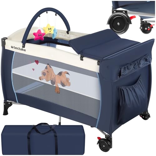 tectake® Lit Parapluie avec matelas Pliable Lit Bébé voyage léger réglable sur roulettes avec Accessoires bébé & Sac de Transport, Mobilier enfant...
