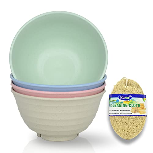 JSYMJSY Müslischalen Bruchfest 4er Set, 1000ml Groß Schüssel Plastik mit Luffasch-Spülbürste, Leicht Schale Kunststoff für Müsli Suppen Snack Salat usw. Mikrowellen- & Spülmaschinenfest, Bunt, Φ17cm Cover