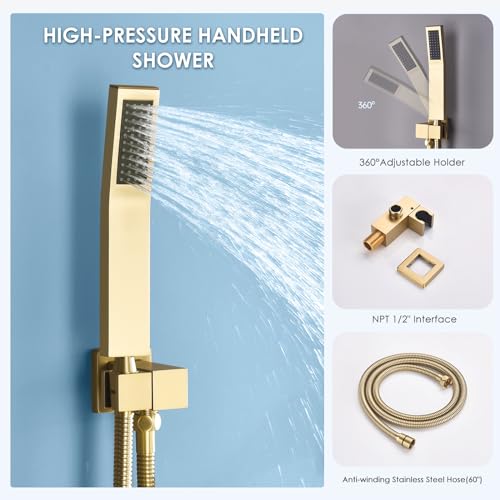Image of Shower Body Sprays Systems with Push Button, 10 inch Rain Shower Head with 4PCS Body Jets and Handheld Shower Faucet Sets Complete, All Metal Shower Jets System,Rough-in Valve,Brushed Gold