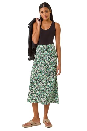 Roman Jersey Skirt for Women UK - Ladies Midi Maxi Floral Animal Print Autumn Winter Swing Smart Casual Office Cocktail Party Going Out Evening Holiday Cruise - Floral Green - Size 14 - Image 2