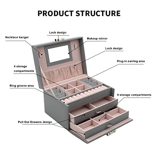 Organizador de joias Caixa de joias de grande capacidade com 3 camadas e anéis porta-anéis com espel