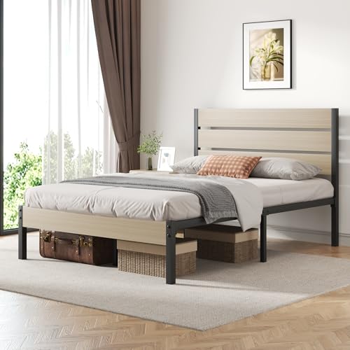 Image of Fluest Full Bed Frame with Headboard and Footboard, with Under Bed Storage, All-Metal Support System, No Box Spring Needed, Easy Assembly, Beige