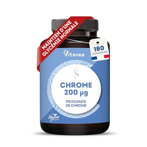 Chrome 200 µg – Picolinate de chrome hautement dosé – 180 comprimés vegan (6 mois de cure) – Maintien d’une glycémie normale – Fabriqué en...