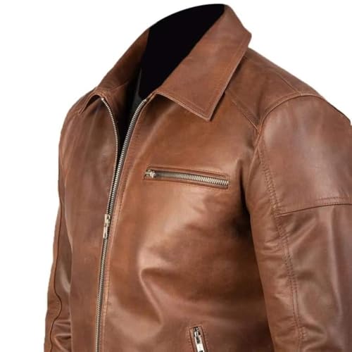 Men's Genuine Real Sheepskin Leather Jacket, Formal and Smooth, Shirt Collar Style, Zipper Pockets3
