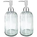 VAKOWOO 2 Pack Glass Soap Dispenser with Pump, 14 Oz Liquid Hand Soap Dispenser, Refillable Glass Bottle Hand Dish Soap Jar Dispensers for Bathroom, Countertop, Kitchen, Laundry Room, Transparent