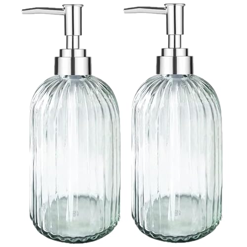 VAKOWOO 2 Pack Glass Soap Dispenser with Pump, 14 Oz Liquid Hand Soap Dispenser Clear, Refillable Glass Bottle Hand Dish Soap Jar Dispensers for Bathroom, Countertop, Kitchen, Laundry Room