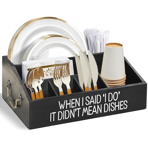 Paper Plate Caddy Organizer,Wooden Paper Plate Dispenser,Paper Plate Holder for Counter,Silverware Utensil Caddy Cutlery Organizer for Cups Spoons Forks Plates - Party BBQ Camping RV Buffet Caddy Cover