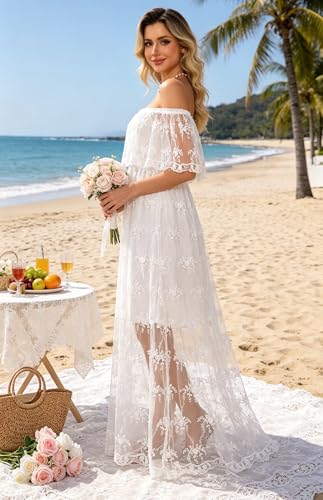 Image of HOYISHION Women's Off The Shoulder Floral Lace Maxi Dress White Bridesmaid Wedding Party Maternity Photoshoot Long Dresses