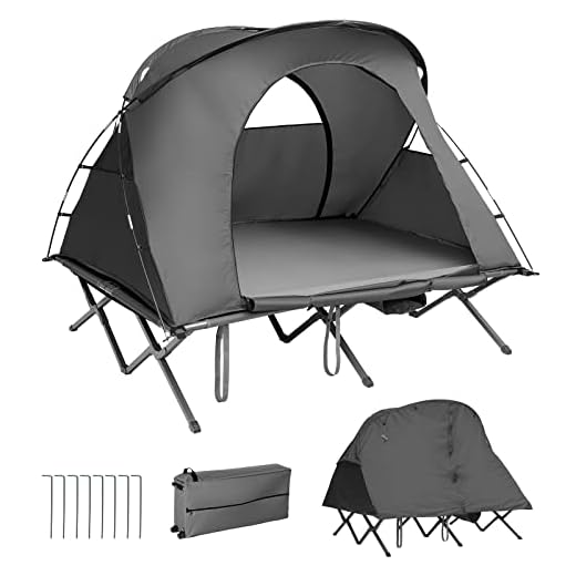 Tangkula 2-Person Tent Cot, 4-in-1 Folding Tent with Waterproof Rainfly, Self-Inflating Mattress & Roller Carrying Bag, Portable Off Ground Elevated Tent with Shoe Storage Pocket & Lamp Hook (Grey)