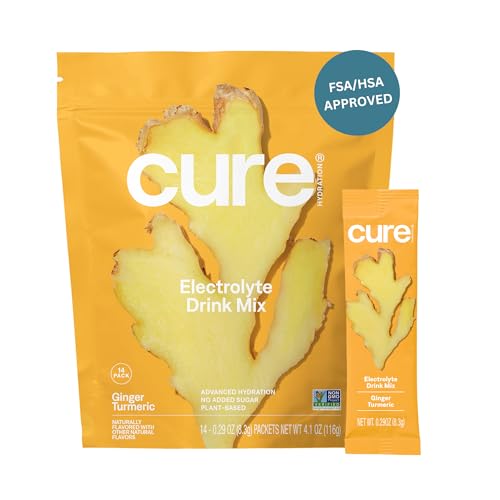 Image of Cure Hydration | Plant-Based Electrolyte Drink Mix | No Added Sugar | FSA-HSA | Dehydration Relief Powder Made with Coconut Water | Non-GMO | Vegan | Pouch of 14 Packets - Ginger Turmeric